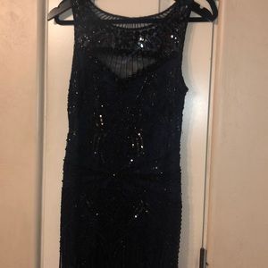 Embellished knee length navy blue dress